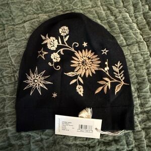 Johnny Was Black Beanie with Gold Floral Embroidery